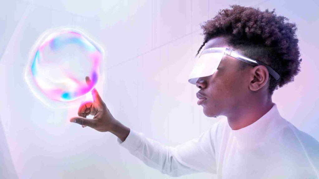 Made with insMind virtual assistant technology circle with black man using transparent screen digital remix